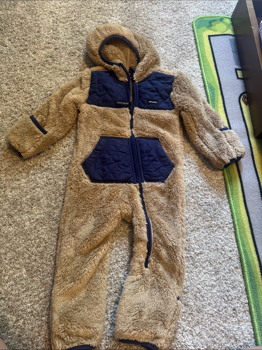 Eddie Bauer Brown Teddy Fleece One-Piece with Navy Quilted Panels